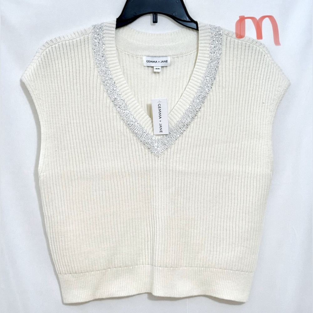 Cream V-Neck Sweater with Silver Trim